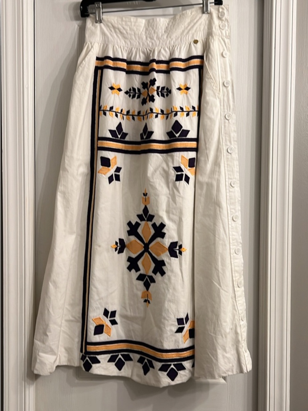 Antik Batik White Maxi Skirt with Navy and Mustard Embroidery